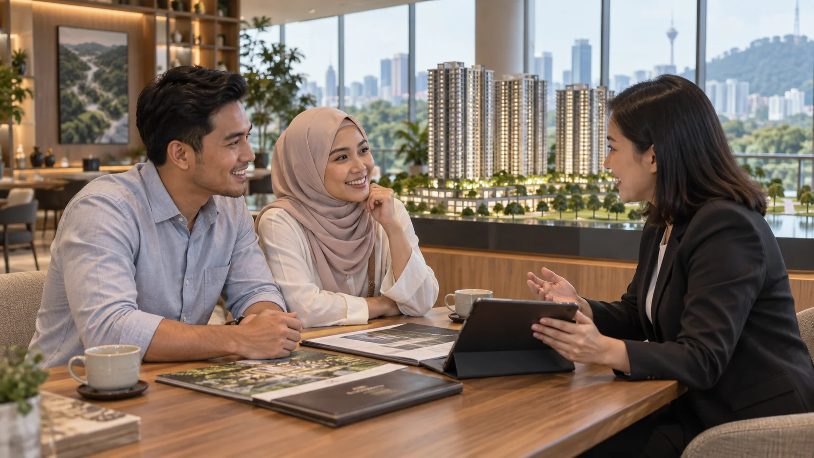 Property consultant helping a Malaysian homebuyer compare residences